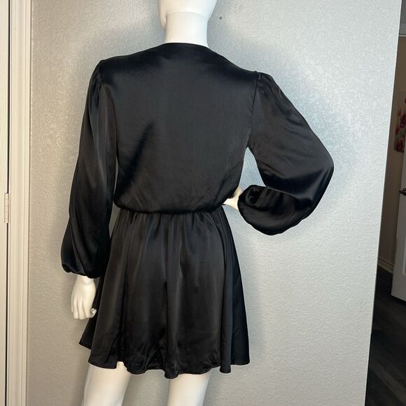 Taylor Tillman Size XS Black Berk Silk Faux Wrap Mini Dress Balloon Sleeve - Picture 4 of 9